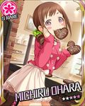  artist_request brown_hair card_(medium) character_name chocolate chocolate_heart drill_hair fang flower_(symbol) food food_on_face hair_ornament hair_scrunchie heart idolmaster idolmaster_cinderella_girls official_art oohara_michiru pink_eyes scrunchie skirt solo sparkling_eyes 