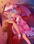  ascot bad_id bad_pixiv_id bat_wings blue_hair brooch chair dress hat hat_ribbon jewelry lazuri7 leg_up looking_at_viewer mary_janes mob_cap petals pink_dress puffy_sleeves red_eyes remilia_scarlet ribbon shoes short_sleeves sitting solo touhou wings 
