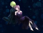  1boy 1girl back-to-back bare_shoulders black_gloves blonde_hair breasts cleavage dress final_fantasy final_fantasy_xiii formal gloves lightning_farron lightning_returns:_final_fantasy_xiii pink_hair purple_dress purple_gloves sitting snow_villiers strapless_dress suit 