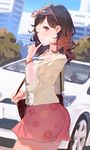  bag brown_eyes brown_hair car ekao eyewear_on_head futagawa_mimi ground_vehicle handbag mole motor_vehicle skirt solo sunglasses tokyo_7th_sisters 