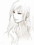  1girl brown_eyes bust collarbone earrings eyelashes hair_over_shoulder highres jewelry lips long_hair looking_to_side looking_to_the_side monochrome multiple_earrings original poaro signature simple_background sketch solo spot_color upper_body white_background 
