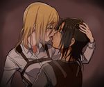  bad_id bad_pixiv_id blonde_hair brown_hair buckle christa_renz couple french_kiss hair_between_eyes hair_down hand_on_another's_head kirusu kiss multiple_girls official_style open_mouth profile saliva shingeki_no_kyojin short_hair sweat tongue tongue_out ymir_(shingeki_no_kyojin) yuri 
