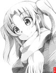  gofu greyscale mikakunin_de_shinkoukei monochrome scarf short_hair sketch smile solo spot_color twintails two_side_up watermark web_address yonomori_kobeni 