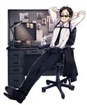  adachi_tooru black_hair chair cup desk lamp male_focus monitor mug necktie office_chair persona persona_4 photo_(object) saeuchobab sunglasses 