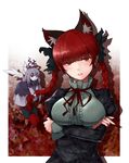  animal_ears blush bow braid breasts cat_ears crossed_arms extra_ears highres kaenbyou_rin large_breasts lips long_hair looking_at_viewer multiple_girls open_mouth pointy_ears red_eyes red_hair touhou twin_braids underbust wings winu_(hertrion) zombie_fairy 