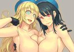  :d arm_up armpits atago_(kantai_collection) beret black_gloves black_hair blue_hat breast_press breasts brown_background collarbone frown gloves green_eyes hat huge_breasts kantai_collection long_hair looking_at_viewer multiple_girls nude open_mouth red_eyes short_hair simple_background smile symmetrical_docking takao_(kantai_collection) upper_body yuuji_(and) 