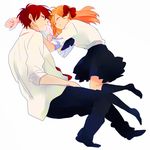  1girl black_legwear blonde_hair bow closed_eyes gekkan_shoujo_nozaki-kun hair_ribbon hand_on_another's_cheek hand_on_another's_face kneehighs long_hair lying mikoshiba_mikoto oda_kazuomi red_eyes red_hair ribbon rouman_academy_uniform sakura_chiyo school_uniform 