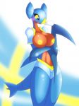  areola big_breasts blush breasts clothed clothing dragon female garchomp ginger looking_at_viewer navel nintendo nipples plain_background pok&#233;mon pok&eacute;mon r-mk skimpy smile solo standing thighs video_games yellow_eyes 
