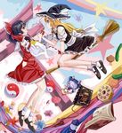  alternate_eye_color ankle_socks apple ascot bad_id bad_pixiv_id bishamonten's_pagoda black_hair blonde_hair blue_eyes book bow broom broom_riding chunrijun_(springer) cucumber detached_sleeves eye_contact food fruit giving hair_bow hair_tubes hakurei_reimu hat highres kirisame_marisa laevatein lance looking_at_another mary_janes mini-hakkero multicolored multicolored_background multiple_girls mushroom open_book orb orchid polearm ponytail profile red_eyes ribbon sarashi sash shanghai_doll shoes short_sleeves skirt skirt_set star torii touhou weapon witch_hat yin_yang 