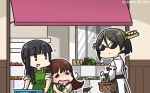  3girls apple apron bangs basket black_hair blunt_bangs boots box braid brown_hair carrot commentary_request cowboy_shot dated detached_sleeves drooling eyes_closed food fruit fruit_stand green_apron hairband hamu_koutarou headgear highres kantai_collection kirishima_(kantai_collection) kitakami_(kantai_collection) long_hair multiple_girls nontraditional_miko onion ooi_(kantai_collection) orange persimmon potato pumpkin purple_eyes remodel_(kantai_collection) ribbon-trimmed_sleeves ribbon_trim school_uniform serafuku short_hair sidelocks single_braid squash sunglasses thigh_boots thighhighs 