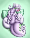 2_fingers barefoot chubby dragon female forceswerwolf goo goodra green_background green_eyes lying nintendo nude open_mouth pillow plain_background pok&#233;mon pok&eacute;mon purple_body slimy slug solo tongue two_toes video_games 
