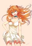  bare_shoulders blue_eyes breasts choker cleavage dress hand_on_hip highres long_hair looking_at_viewer medium_breasts neon_genesis_evangelion open_mouth orange_hair realmbw short_dress signature smile solo souryuu_asuka_langley sundress white_dress wind 