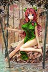  adapted_costume bamboo bamboo_forest bare_legs barefoot blue_eyes braid breasts bun_cover china_dress chinese_clothes double_bun dress forest green_dress hair_ribbon hong_meiling kabaji large_breasts long_hair looking_at_viewer nature pelvic_curtain red_hair ribbon side_slit soaking_feet solo touhou twin_braids very_long_hair water 