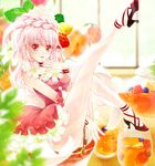  braid flower flower_necklace food frills fruit glass high_heels jewelry looking_at_viewer necklace nishiwaki_yuuri open_mouth original pantyhose pink_hair pink_skirt ribbon skirt solo strawberry 