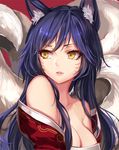  ahri animal_ears bare_shoulders black_hair breasts cleavage facial_mark fox_ears fox_tail large_breasts league_of_legends long_hair momoko_(momopoco) multiple_tails solo tail whisker_markings yellow_eyes 