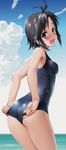  adjusting_clothes adjusting_swimsuit antenna_hair ass black_eyes black_hair breasts byeontae_jagga cloud day embarrassed from_behind horizon idolmaster idolmaster_(classic) kikuchi_makoto looking_back medium_breasts ocean one-piece_swimsuit open_mouth school_swimsuit short_hair sky solo sweatdrop swimsuit swimsuit_tug wet 