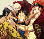  3boys black_hair blue_hair earrings eustass_captain_kid fighting hat jewelry male male_focus monkey_d_luffy multiple_boys one_piece open_clothes open_shirt raglan_sleeves red_hair sabaody_archipelago shirt smile tattoo trafalgar_law trio v 