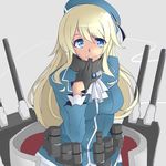  atago_(kantai_collection) biting blonde_hair blue_eyes glove_biting gloves hat kantai_collection long_hair looking_at_viewer machinery solo suu2510 turret 