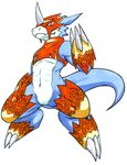  blue_fur claws digimon flamedramon fur horn navel patiroku plain_background solo standing teeth white_background 