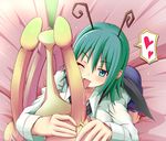  all_fours antennae aqua_eyes bloodhound camellia cape commentary_request flower green_hair heart highres licking long_sleeves one_eye_closed phallic_symbol pollination saliva saliva_trail sexual_dimorphism sexually_suggestive shirt shorts spoken_heart tongue tongue_out touhou veins wriggle_nightbug 