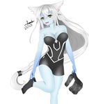  1girl absurdres animal_ears black_legwear blue_skin female freesha high_heels highres league_of_legends lissandra long_hair looking_at_viewer open_mouth platform_footwear platform_heels silver_hair simple_background solo standing standing_on_one_leg straight_hair very_long_hair white_background yellow_eyes 