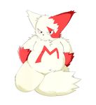  black_nose chest_tuft chubby fur kneeling looking_at_viewer mahonex navel nintendo normal_type open_mouth plain_background pok&#233;mon pok&eacute;mon solo tuft video_games white_background white_fur zangoose 