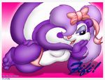  3_toes blue_eyes bow breasts eyebrows eyelashes female fifi_la_fume fur guardianslade hair hair_bow half-closed_eyes long_hair looking_at_viewer lying mammal nude open_mouth pink_background pink_nose plain_background purple_fur purple_hair shadow skunk skunkette small_breasts solo tiny_toon_adventures tiny_toons toes tongue underwear warner_brothers white_fur 
