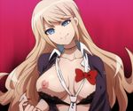  beckoning black_bra blonde_hair blue_eyes bow bra breasts buebue come_hither danganronpa danganronpa_1 enoshima_junko fingernails hair_down hairu head_tilt lace lace-trimmed_bra large_breasts long_hair looking_at_viewer loose_necktie nail_polish necktie nipples sleeves_rolled_up smile solo spoilers underwear upper_body 