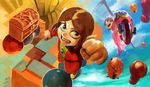 aircraft alex_kidd alex_kidd_(character) arm_up blue_eyes brown_hair clenched_hands cloud daniel_oduber day dirigible flying foreshortening from_above ground_vehicle helicopter looking_at_viewer motor_vehicle motorcycle pointy_ears raised_fist realistic signature treasure_chest zeppelin 