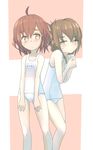  alternate_costume bare_shoulders blush brown_eyes brown_hair covering covering_chest crossed_arms embarrassed folded_ponytail hair_ornament hairclip highres ikazuchi_(kantai_collection) inazuma_(kantai_collection) ishikkoro kantai_collection looking_at_viewer multiple_girls one-piece_swimsuit school_swimsuit short_hair swimsuit translated white_school_swimsuit white_swimsuit 