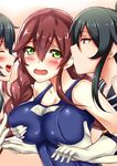  agano_(kantai_collection) alternate_costume biting black_hair blush braid breast_grab breasts brown_hair covered_nipples ear_biting girl_sandwich gloves grabbing green_eyes highres kantai_collection large_breasts long_hair mizuse_kouichi multiple_girls noshiro_(kantai_collection) one-piece_swimsuit open_mouth ponytail red_eyes sandwiched school_swimsuit sweatdrop swimsuit tears yahagi_(kantai_collection) yuri 