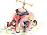  3boys black_hair black_pants blonde_hair brown_hair chikama_(minka) donquixote_doflamingo dracule_mihawk feathered male male_focus multiple_boys one_piece pants print_shirt scar shichibukai sir_crocodile stretch sword twister weapon 