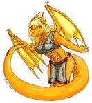  absurd_res anthro belt bending blonde_hair clothing dragon female firessen gold_skin hair hi_res horn invalid_tag koshkio long_hair looking_at_viewer plain_background purple_eyes scales scalie shorts solo standing stripes the_clan tribal white_background wings 