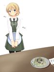  apron bad_id bad_pixiv_id black_legwear blonde_hair blue_eyes blush braid commentary darjeeling dress_shirt eel fidgeting food girls_und_panzer holding jellied_eel looking_at_viewer necktie nksk open_mouth pantyhose plate shirt short_hair smile solo standing sweatdrop tray waitress white_shirt 