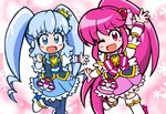  ;d aino_megumi black_legwear blue_eyes blue_hair blue_skirt blush boots bow chibi crown cure_lovely cure_princess frills full_body guardias hair_ornament happinesscharge_precure! heart heart_hair_ornament long_hair magical_girl mini_crown multiple_girls no_nose one_eye_closed open_mouth pink_bow pink_eyes pink_hair pink_skirt ponytail precure shirayuki_hime skirt smile thigh_boots thighhighs twintails white_legwear wide_ponytail wrist_cuffs 