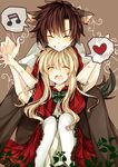  1girl animal_ears beamed_sixteenth_notes big_bad_wolf big_bad_wolf_(cosplay) big_bad_wolf_(grimm) black_hair blonde_hair blush closed_eyes cosplay couple dress gomabu_(rirurutennsi) grimm's_fairy_tales happy heart hetero hood kagerou_project kozakura_marry little_red_riding_hood little_red_riding_hood_(grimm) little_red_riding_hood_(grimm)_(cosplay) long_hair musical_note seto_kousuke short_hair smile speech_bubble spoken_heart spoken_musical_note wolf_ears 