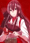  akagi_(kantai_collection) archery arrow blush bow_(weapon) brown_eyes brown_hair flight_deck gloves japanese_clothes kantai_collection kyuudou long_hair mikan_(chipstar182) muneate partly_fingerless_gloves quiver red_background single_glove solo weapon yugake 