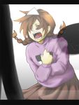  1girl bad_id bad_pixiv_id braid brown_hair clothes_grab commentary_request crying dakkarubi ghost long_hair madotsuki pink_shirt sekomumasada_sensei self_hug shirt shouting skirt transparent triangular_headpiece twin_braids yume_nikki 