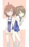  alternate_costume bare_shoulders blush brown_eyes brown_hair covering covering_chest crossed_arms embarrassed folded_ponytail hair_ornament hairclip highres ikazuchi_(kantai_collection) inazuma_(kantai_collection) ishikkoro kantai_collection looking_at_viewer multiple_girls one-piece_swimsuit school_swimsuit short_hair swimsuit translated 