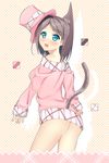  1girl absurdres animal_ears bare_shoulders blue_eyes blush bottomless brown_hair cat_ears cat_tail fang female freesha hat hentai_ouji_to_warawanai_neko. highres long_hair looking_back open_\m/ sleeves_past_wrists solo straight_hair sweater tail top_hat tsutsukakushi_tsukiko 