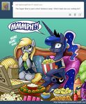  blonde_hair blue_fur bottomless chips clothing crown cutie_mark derpy_hooves_(mlp) eating english_text equine female food friendship_is_magic fur green_eyes grey_fur hair horn horse john_joseco mammal my_little_pony pegasus pillow pizza pony popcorn princess_luna_(mlp) royalty shirt sitting soda sofa text tiara two_tone_hair watermelon winged_unicorn wings yellow_eyes 