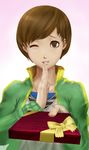  brown_eyes brown_hair gift holding holding_gift jacket jewelry jorogumo necklace one_eye_closed persona persona_4 satonaka_chie short_hair smile solo track_jacket 
