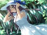  arms_up blush clenched_teeth dappled_sunlight day dress dutch_angle embarrassed game_cg grey_eyes hat ifukube_yahiro leaf light_rays long_hair nature outdoors pink_hair ribbon solo standing sunbeam sundress sunlight surprised suzuhira_hiro sweatdrop teeth tree very_long_hair yosuga_no_sora 