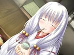  arima_yuzu bell blush closed_eyes dutch_angle game_cg japanese_clothes long_hair miko mouth_hold nimura_yuuji non-web_source pretz solo tsuki_kagerou white_hair 