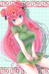  bad_id bad_pixiv_id blue_eyes blush breast_squeeze breasts china_dress chinese_clothes double_bun dress hong_meiling large_breasts mamepon pink_hair solo touhou 