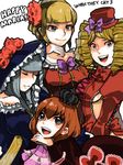  bad_id bad_pixiv_id beatrice blonde_hair blue_eyes bow breasts closed_eyes crown dress drill_hair flower frills gaap hat long_hair maria_(umineko) medium_breasts mini_hat mini_top_hat multiple_girls orange_hair pink_bow ringlets rose sanada_(sappu) sash short_hair sideboob silver_hair smile top_hat umineko_no_naku_koro_ni virgilia 