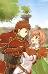  1girl armor artist_request blue_eyes brown_eyes brown_hair cape couple fire_emblem fire_emblem:_akatsuki_no_megami hetero kieran lowres marcia pegasus_knight pink_hair smile 