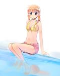  bare_shoulders barefoot bikini_top blue_eyes breasts copyright_request denim denim_shorts ikeda_jun_(mizutamari) medium_breasts orange_hair shorts sitting smile soaking_feet solo twintails water 