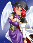  blue_eyes breasts cleavage dress forte_stollen galaxy_angel hat large_breasts long_dress monocle non-web_source purple_dress red_hair short_hair solo uniform wings 