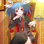  black_legwear blue_hair chair chin_rest chocolate cross crossed_legs eitomo_haruno flat_chest gothic hair_ribbon lowres nail_polish necktie plaid plaid_skirt red_eyes ribbon short_twintails silver_rain sitting skirt smile solo strap thighhighs twintails zettai_ryouiki 